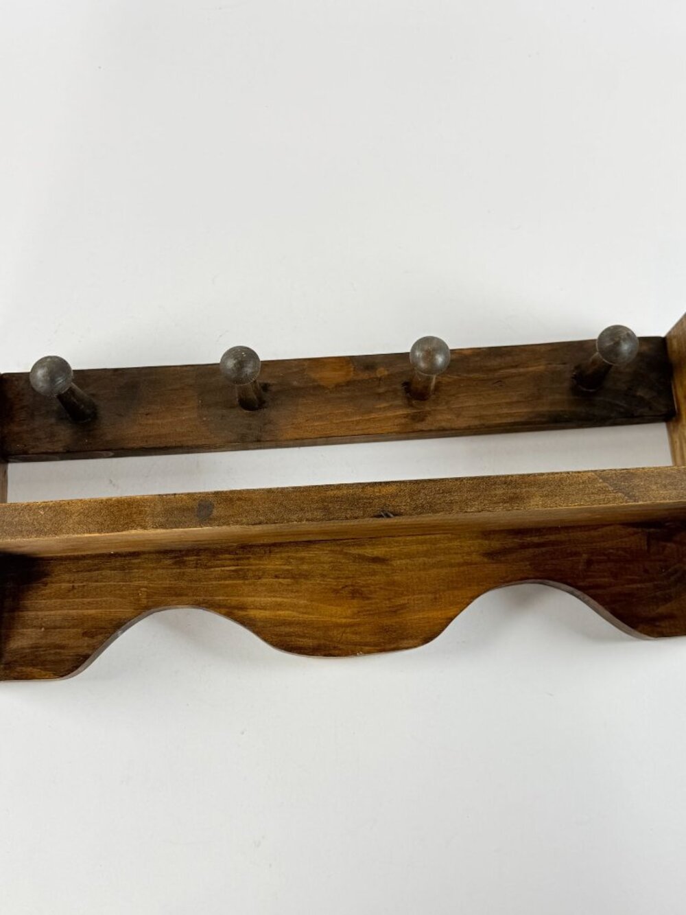 Vintage Wooden Wall Shelf With Four Metal Peg Hooks Farmhouse Cottage Decor